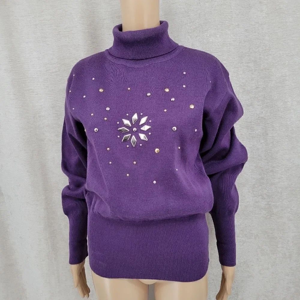 Kaelin 80s Purple Embellished Turtleneck Sweater Cinched Waist Vintage Women's